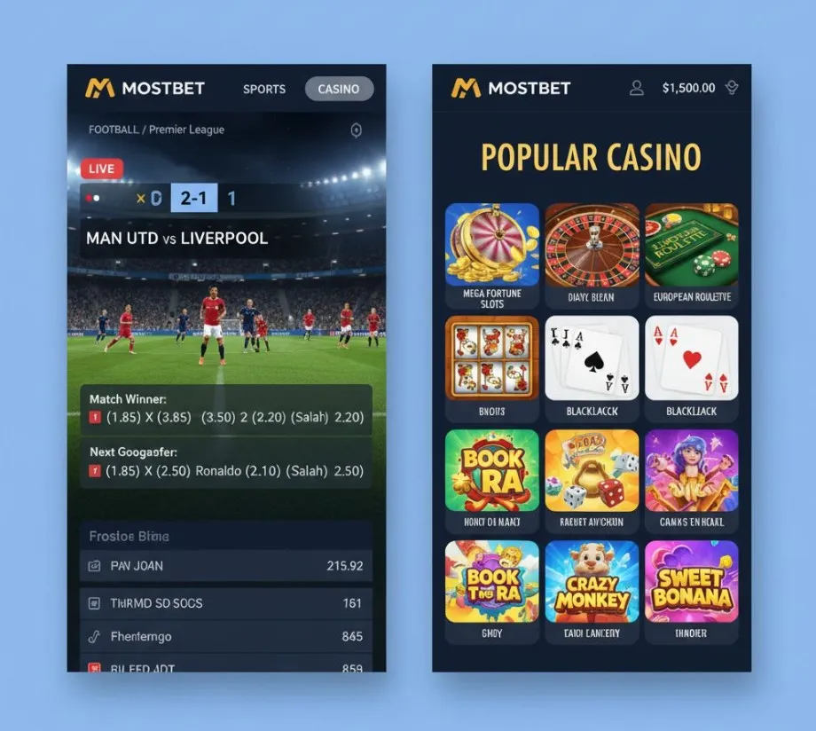Um design de interface do aplicativo Mostbet dividido, mostrando de um lado uma tela de apostas esportivas com um jogo de futebol ao vivo e do outro uma seleção de jogos de cassino populares como slots e roleta, ilustrando a vasta gama de entretenimento disponível no app.